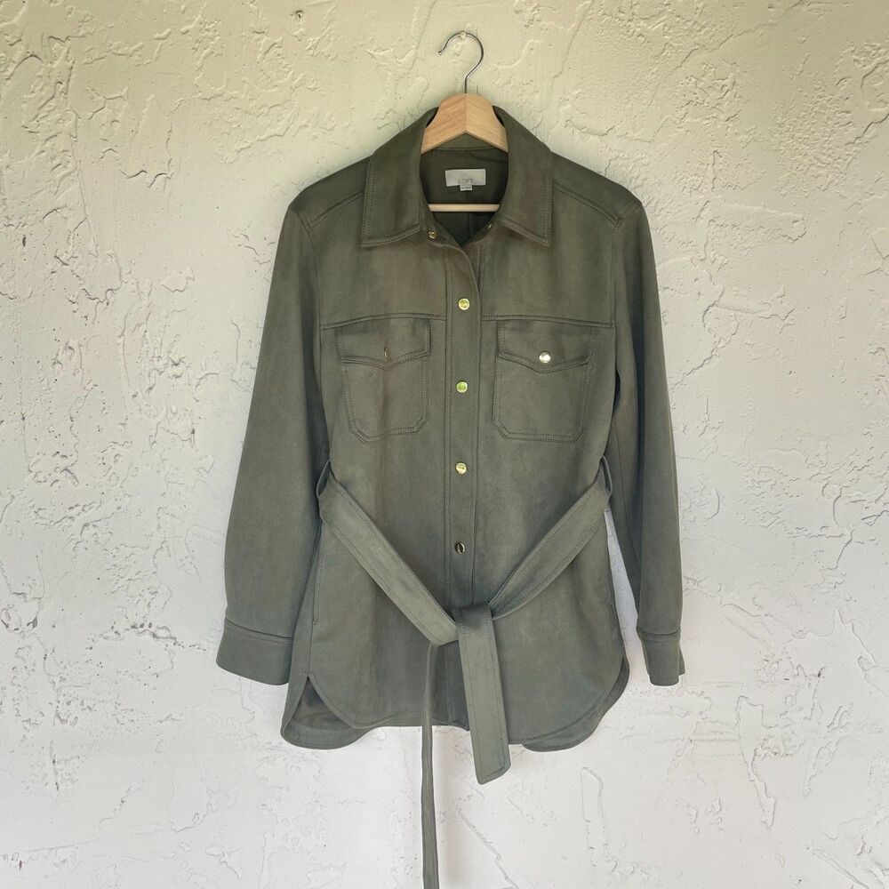LOFT Womens XS Olive Green Faux Suede Belted Snap Front Shacket Shirt Jacket